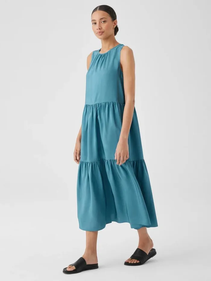 Shop Eileen Fisher Extended Sizing 1X3X Washed Silk Tiered Dress River