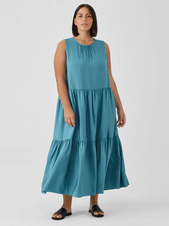 Shop Eileen Fisher Extended Sizing 1X3X Washed Silk Tiered Dress River