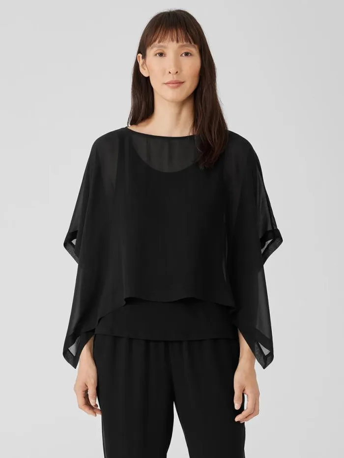 Shop Eileen Fisher Petite Sheer Silk Georgette Poncho Black