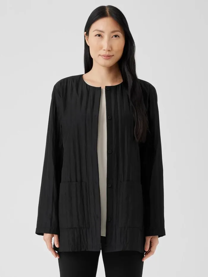 Shop Eileen Fisher Petite Silk Habutai Quilted Round Neck Jacket Black