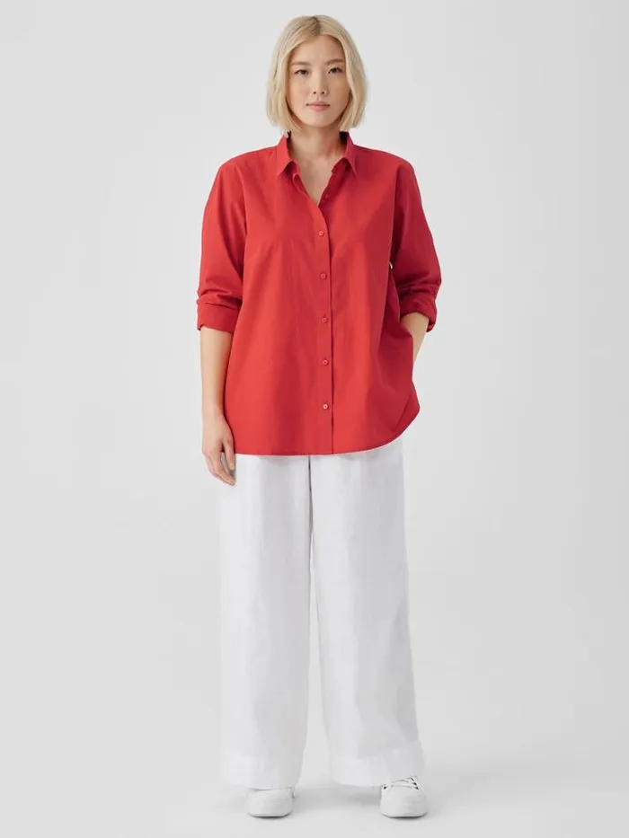 Shop Eileen Fisher Petite Washed Organic Cotton Poplin Classic Collar Long Shirt Flame