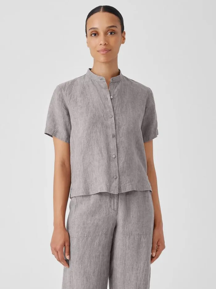 Shop Eileen Fisher Petite Washed Organic Linen Dlav Band Collar Shirt Stone