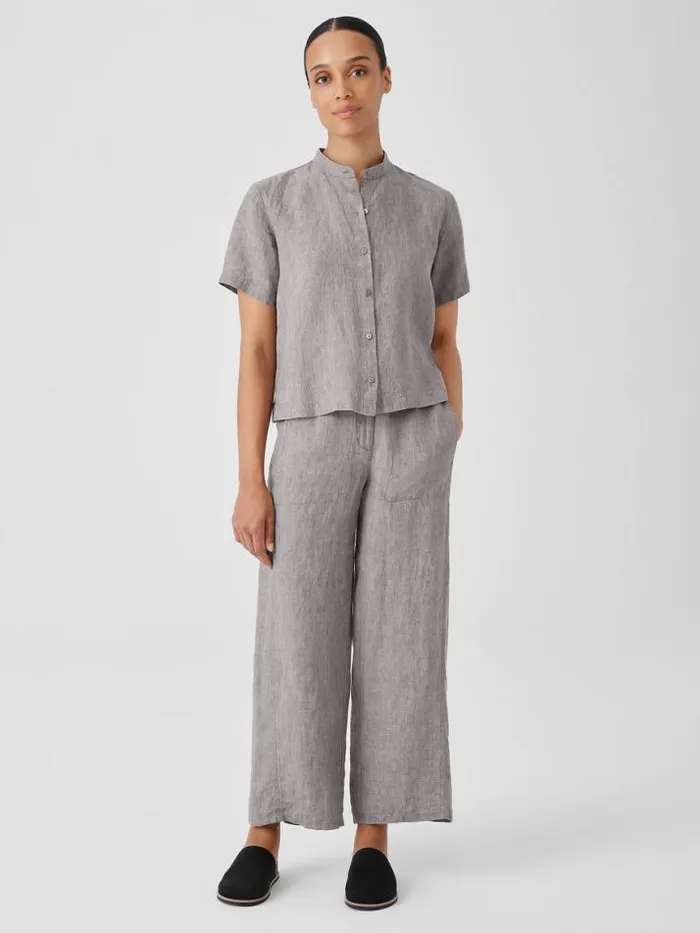 Shop Eileen Fisher Petite Washed Organic Linen Dlav Band Collar Shirt Stone