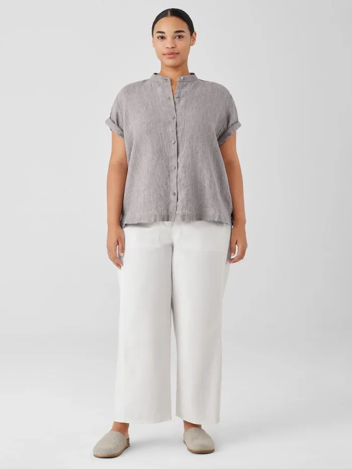 Shop Eileen Fisher Petite Washed Organic Linen Dlav Band Collar Shirt Stone