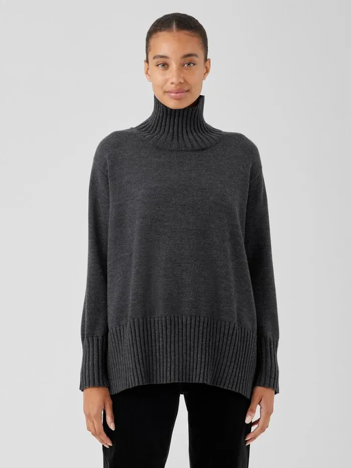 Shop Eileen Fisher Sweaters and Cardigans Merino Jersey Turtleneck In Regenerative Wool Charcoal