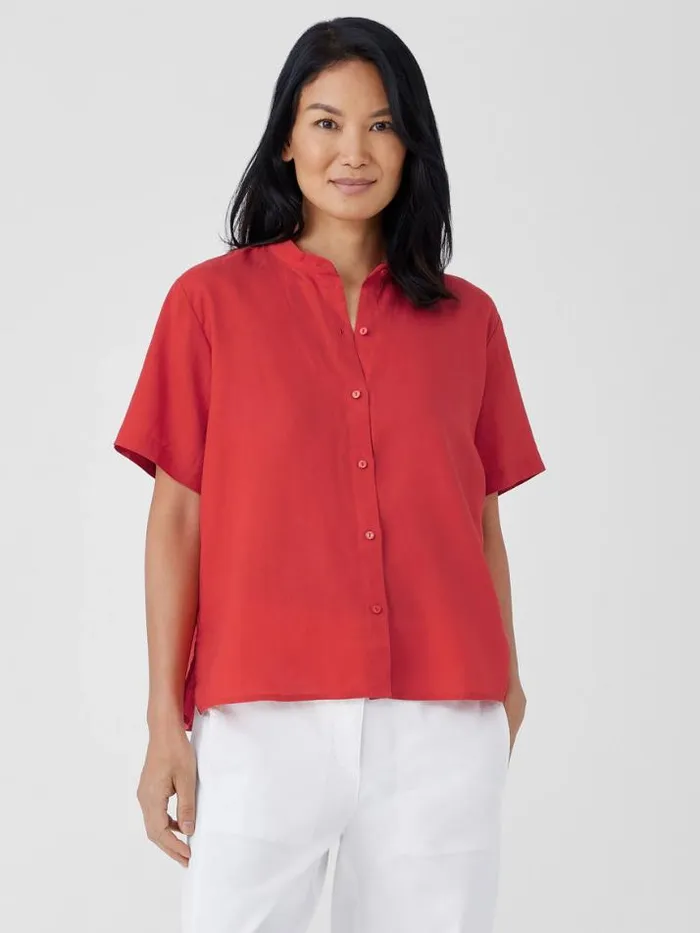 Shop Eileen Fisher Tops and Tees Organic Handkerchief Linen Band Collar ShortSleeve Shirt Flame Shop Eileen Fisher Tops and Tees Organic Handkerchief Linen Band Collar ShortSleeve Shirt Flame