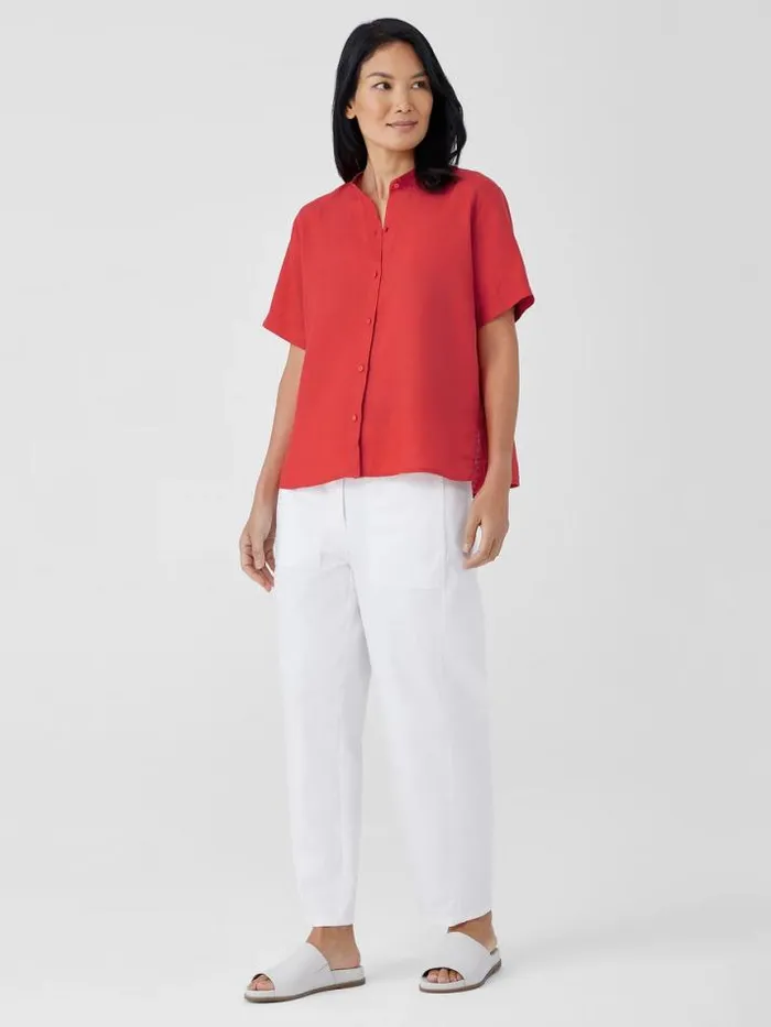 Shop Eileen Fisher Tops and Tees Organic Handkerchief Linen Band Collar ShortSleeve Shirt Flame