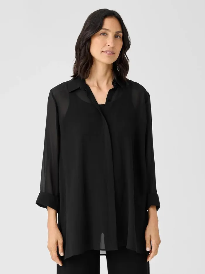 Shop Eileen Fisher Tops and Tees Sheer Silk Georgette Classic Collar Shirt Black Shop Eileen Fisher Tops and Tees Sheer Silk Georgette Classic Collar Shirt Black