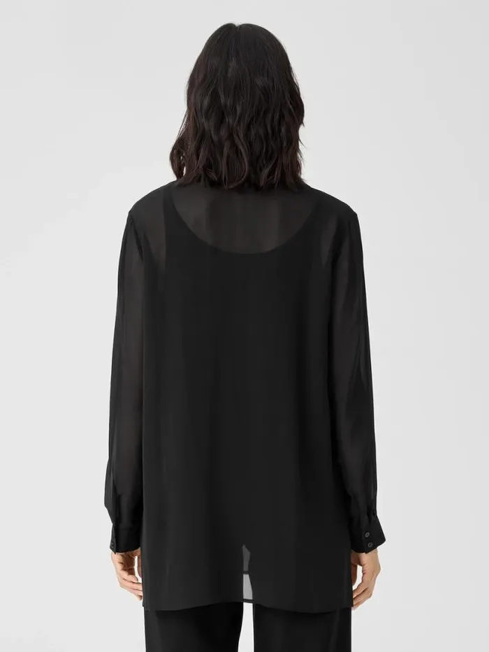 Shop Eileen Fisher Tops and Tees Sheer Silk Georgette Classic Collar Shirt Black