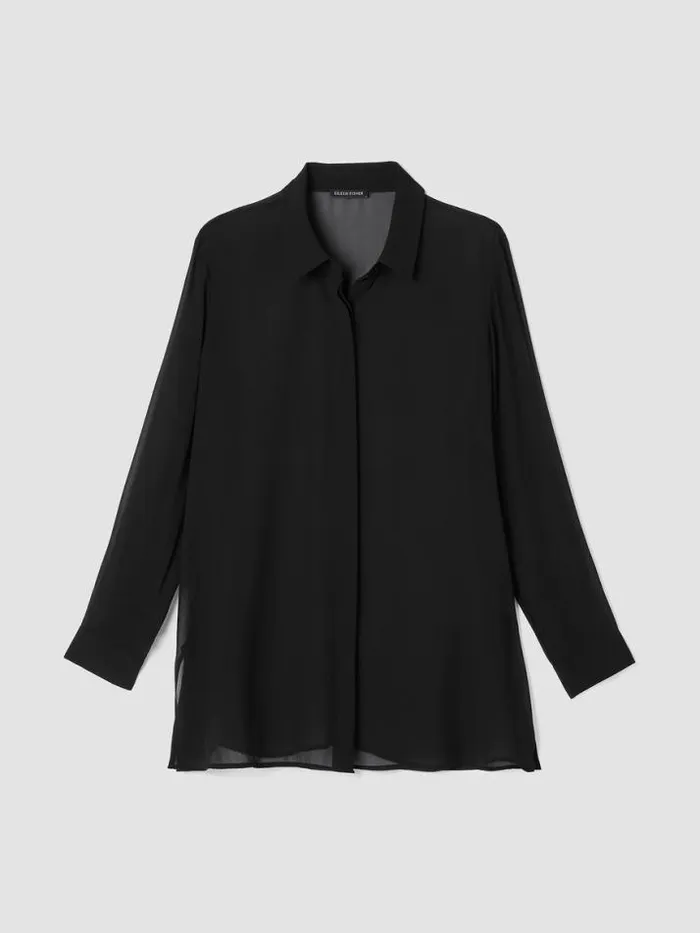Shop Eileen Fisher Tops and Tees Sheer Silk Georgette Classic Collar Shirt Black