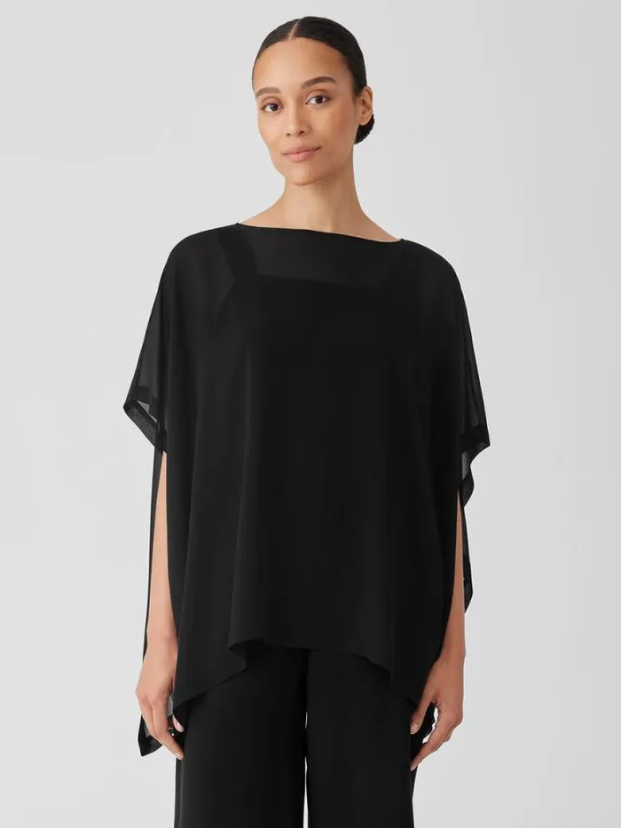Shop Eileen Fisher Tops and Tees Sheer Silk Georgette Long Poncho Black