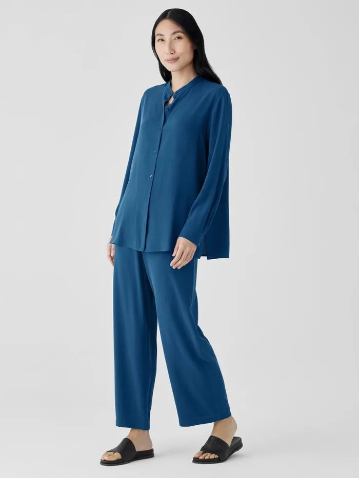 Shop Eileen Fisher Tops and Tees Silk Georgette Crepe Band Collar Shirt Atlantis