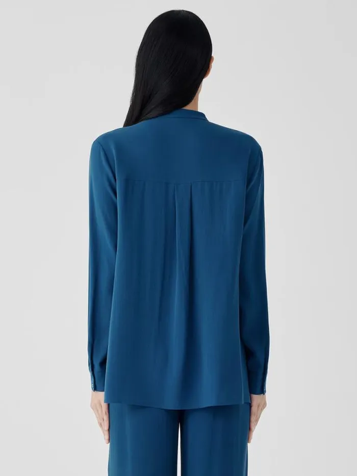 Shop Eileen Fisher Tops and Tees Silk Georgette Crepe Band Collar Shirt Atlantis