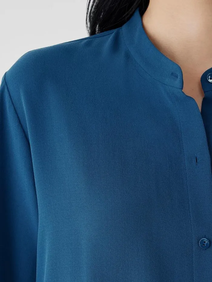 Shop Eileen Fisher Tops and Tees Silk Georgette Crepe Band Collar Shirt Atlantis