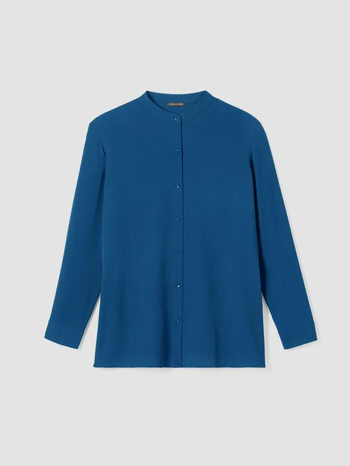 Shop Eileen Fisher Tops and Tees Silk Georgette Crepe Band Collar Shirt Atlantis