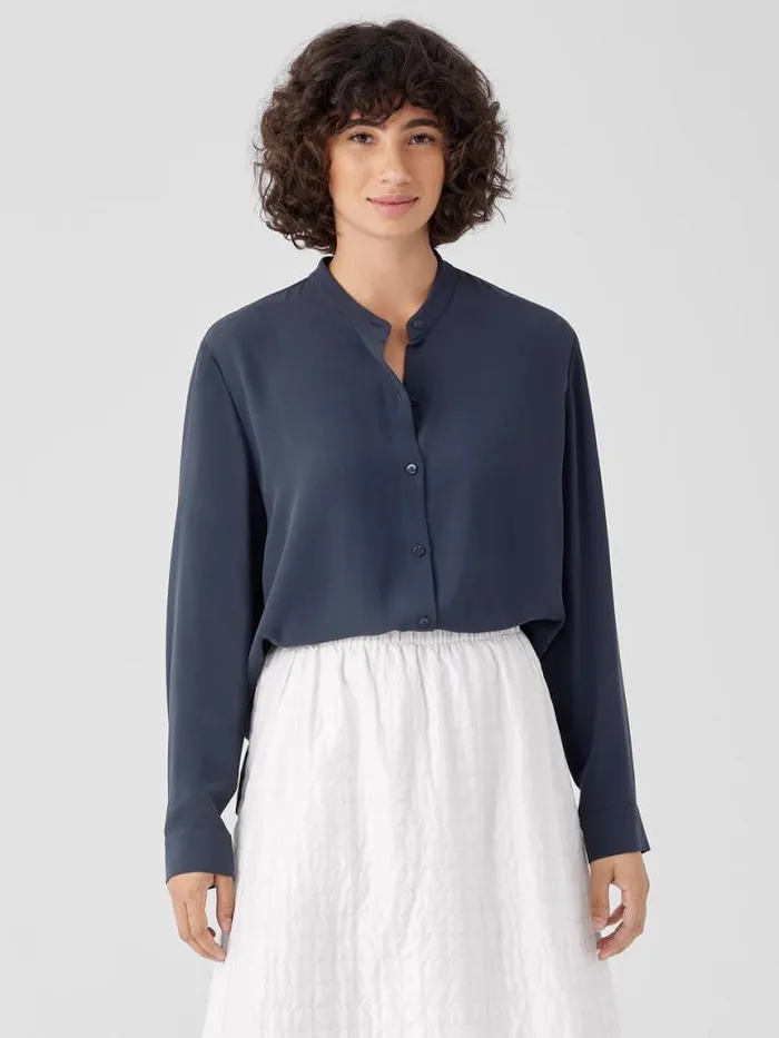 Shop Eileen Fisher Tops and Tees Silk Georgette Crepe Band Collar Shirt Ocean Shop Eileen Fisher Tops and Tees Silk Georgette Crepe Band Collar Shirt Ocean