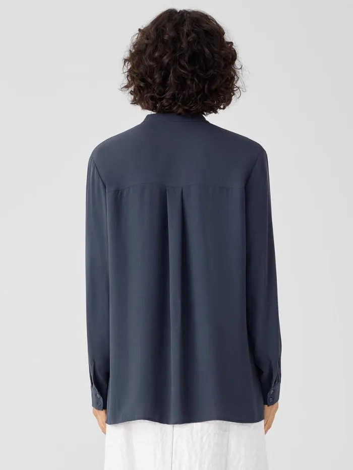 Shop Eileen Fisher Tops and Tees Silk Georgette Crepe Band Collar Shirt Ocean