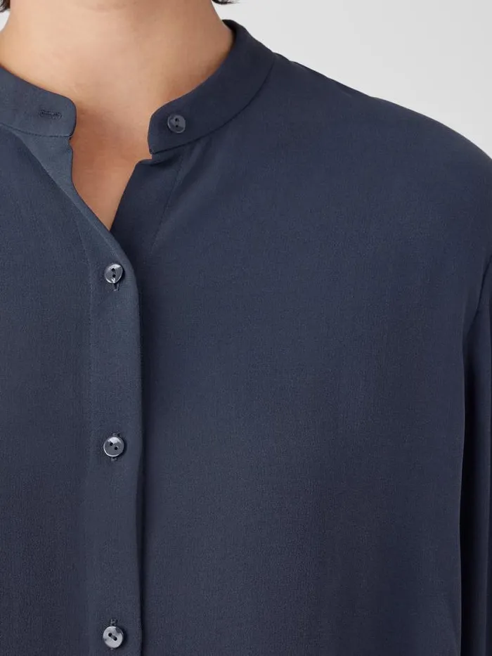 Shop Eileen Fisher Tops and Tees Silk Georgette Crepe Band Collar Shirt Ocean