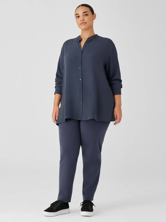 Shop Eileen Fisher Tops and Tees Silk Georgette Crepe Band Collar Shirt Ocean