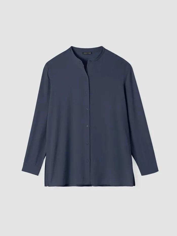 Shop Eileen Fisher Tops and Tees Silk Georgette Crepe Band Collar Shirt Ocean
