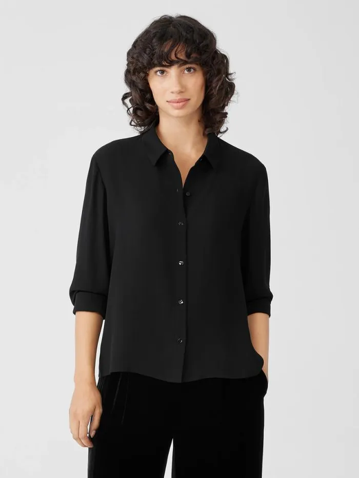 Shop Eileen Fisher Tops and Tees Silk Georgette Crepe Classic Collar Shirt Black Shop Eileen Fisher Tops and Tees Silk Georgette Crepe Classic Collar Shirt Black