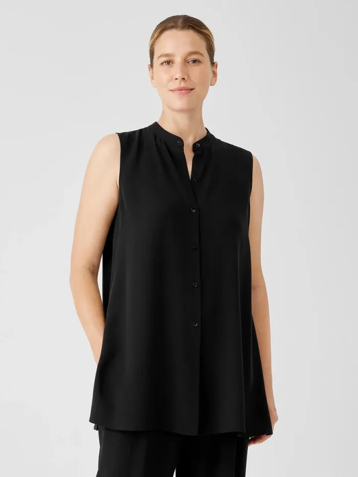 Shop Eileen Fisher Tops and Tees Silk Georgette Crepe Sleeveless Shirt Black