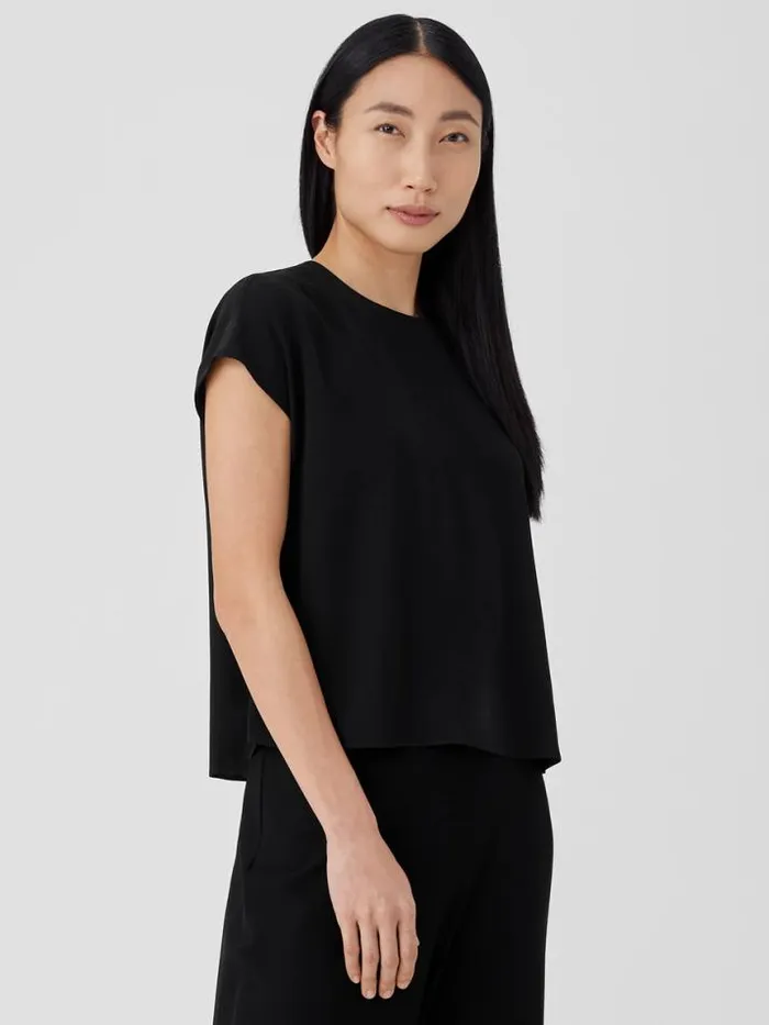 Shop Eileen Fisher Tops and Tees Silk Georgette Crepe Square Top Black