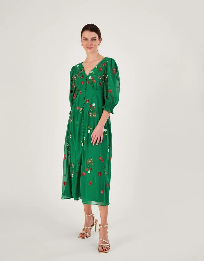 Simone Button Through Embroidered Dress In Recycled Polyester Green Women Monsoon Occasionwear