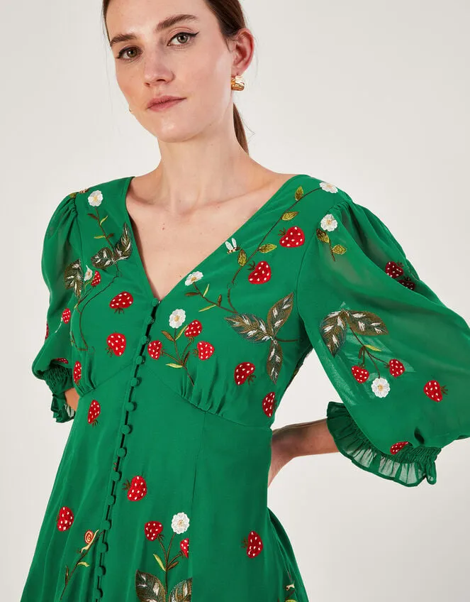 Simone Button Through Embroidered Dress In Recycled Polyester Green Women Monsoon Occasionwear