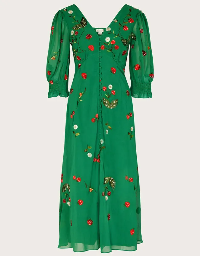 Simone Button Through Embroidered Dress In Recycled Polyester Green Women Monsoon Occasionwear