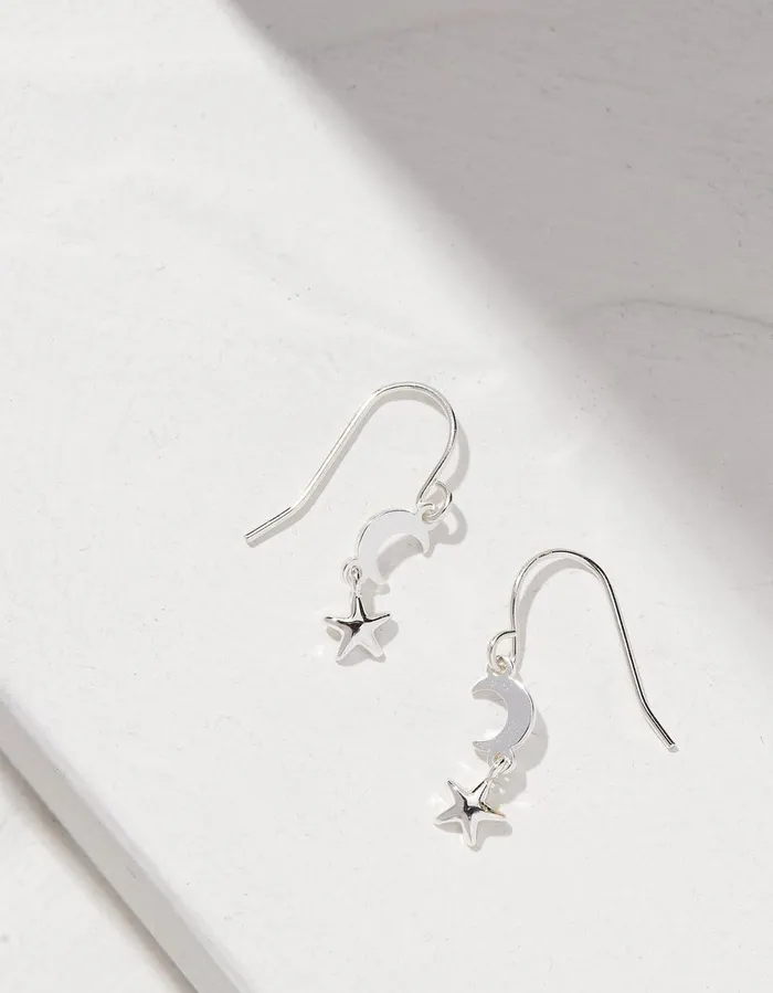 Star And Moon Charm Earrings Silver Women FatFace Jewellery