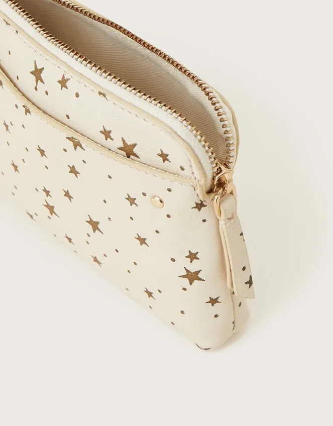 Star Print Large Leather Pouch Ivory Women Monsoon Bags and Purses