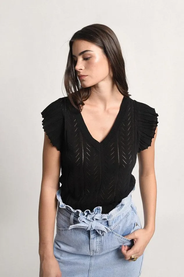Stitch Knit Jumper With Ruffled Armhole BLACK Women Molly Bracken Sweaters