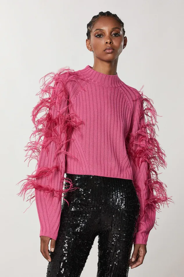Sweaters Women Patrizia Pepe Ribbed Sweater With Feathers Dynamic Fuxia