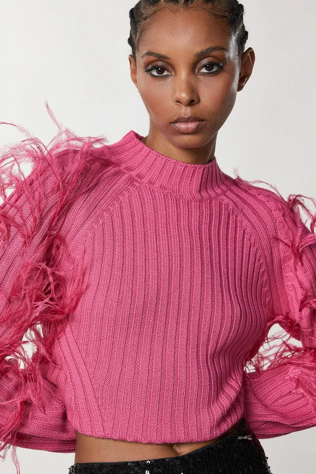 Sweaters Women Patrizia Pepe Ribbed Sweater With Feathers Dynamic Fuxia
