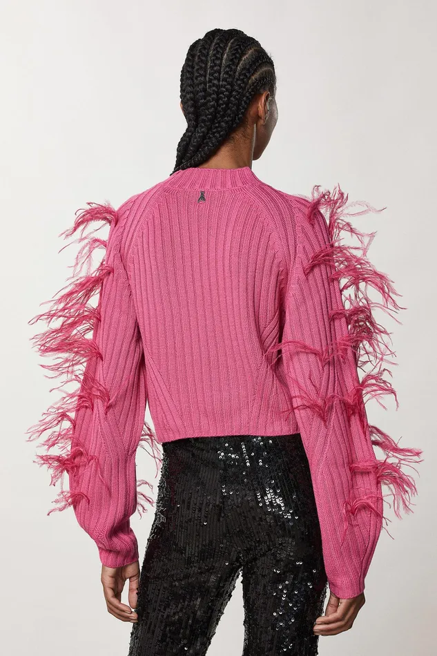 Sweaters Women Patrizia Pepe Ribbed Sweater With Feathers Dynamic Fuxia