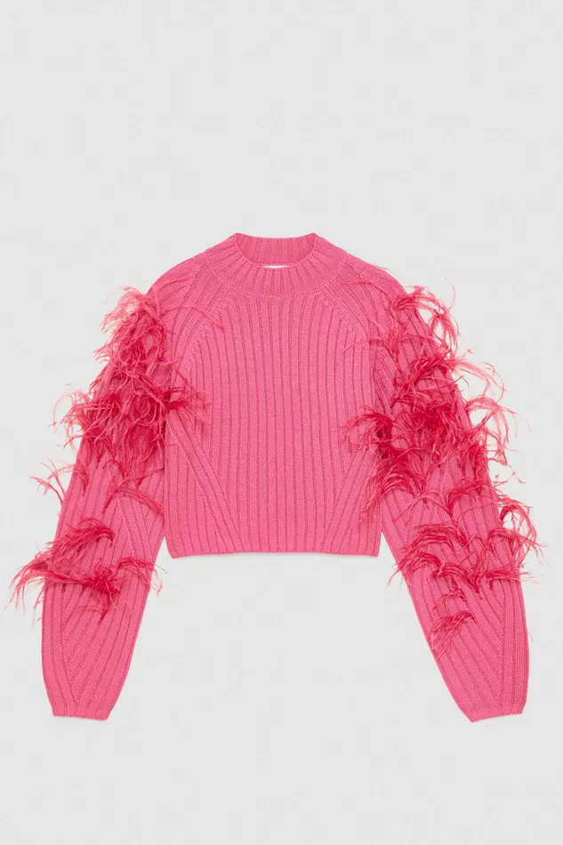Sweaters Women Patrizia Pepe Ribbed Sweater With Feathers Dynamic Fuxia