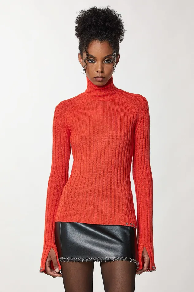 Sweaters Women Patrizia Pepe Ribbed Sweater With Piercing Intense Orange