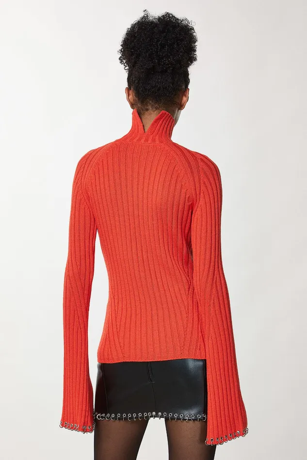 Sweaters Women Patrizia Pepe Ribbed Sweater With Piercing Intense Orange