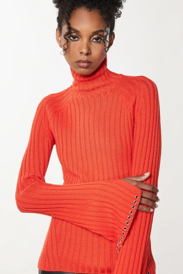 Sweaters Women Patrizia Pepe Ribbed Sweater With Piercing Intense Orange