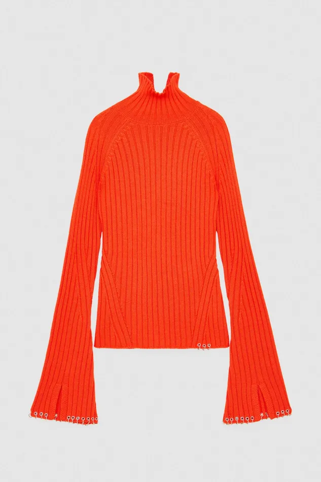 Sweaters Women Patrizia Pepe Ribbed Sweater With Piercing Intense Orange