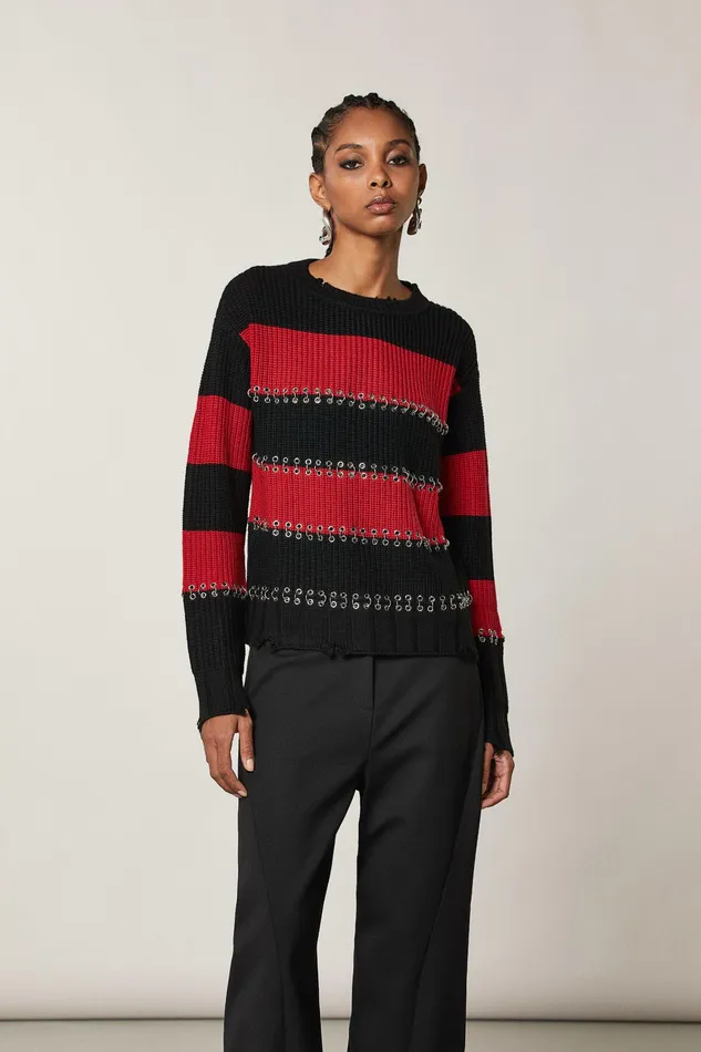 Sweaters Women Patrizia Pepe Striped Sweater With Piercing Infra Redblack