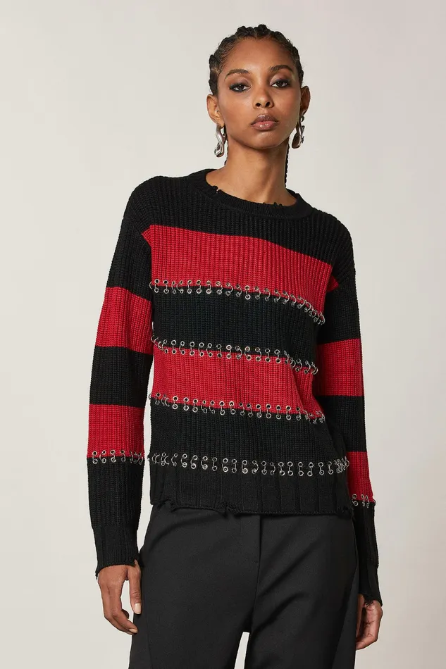 Sweaters Women Patrizia Pepe Striped Sweater With Piercing Infra Redblack