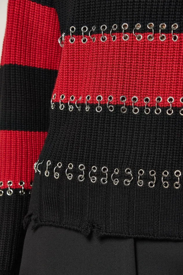 Sweaters Women Patrizia Pepe Striped Sweater With Piercing Infra Redblack
