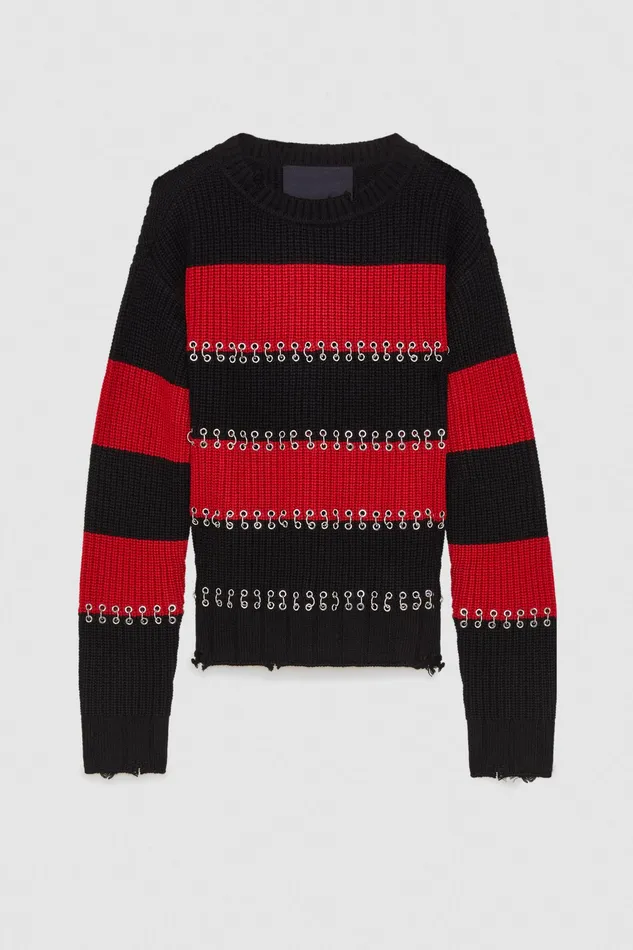 Sweaters Women Patrizia Pepe Striped Sweater With Piercing Infra Redblack