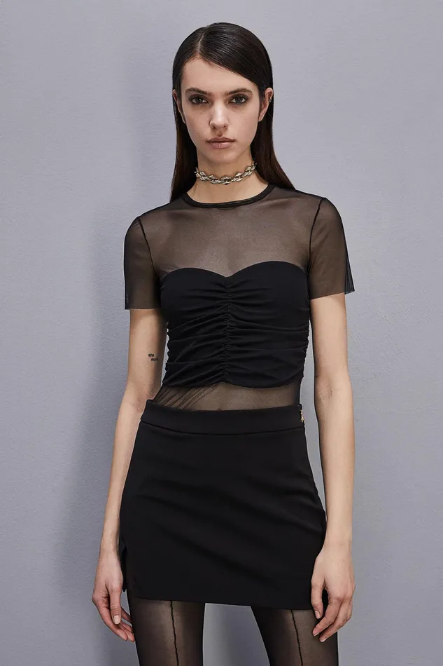 TShirts Women Patrizia Pepe Slim TShirt In Stretch Tulle Nero