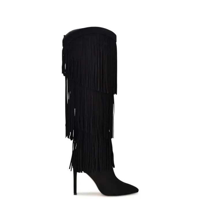 Tasels Heeled Boots Black Suede Women Nine West Heels