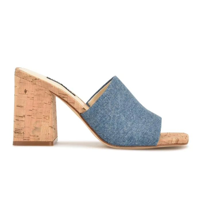 Teice Heeled Slide Sandals Blue Denim Women Nine West Heels