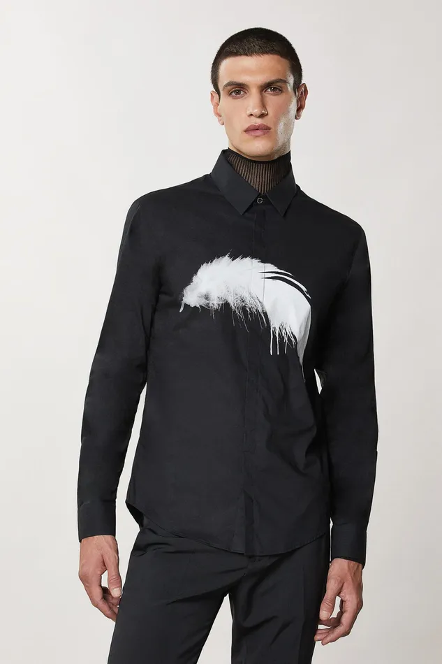Tops and Shirts Men Patrizia Pepe Cotton Shirt With Floral Print Blackandwhite Feather