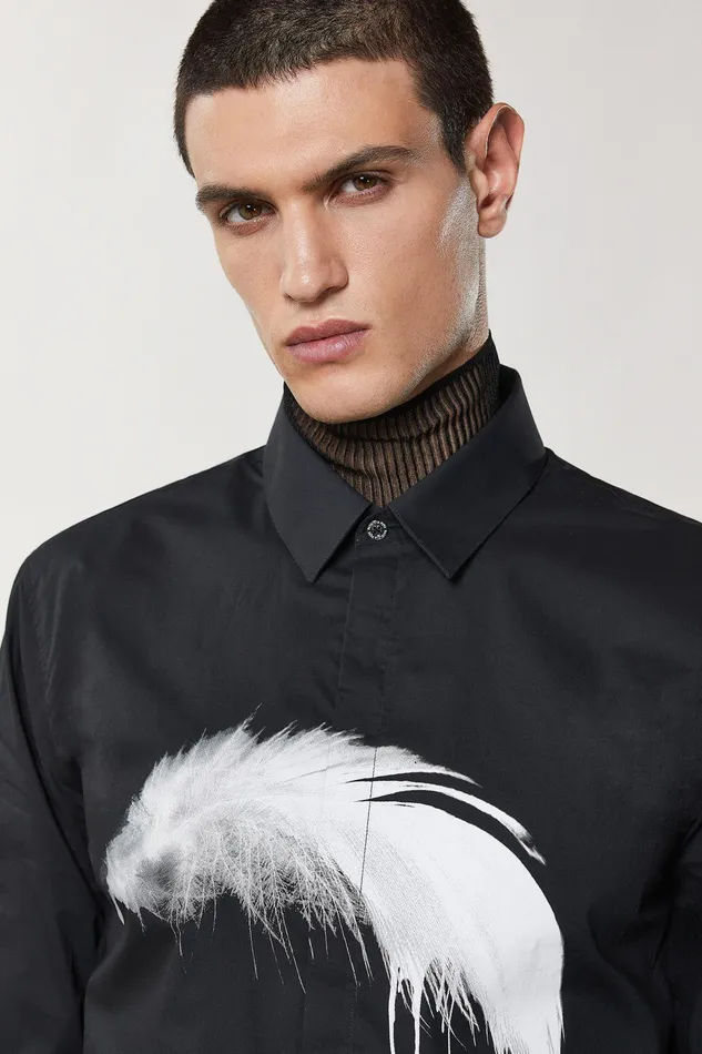 Tops and Shirts Men Patrizia Pepe Cotton Shirt With Floral Print Blackandwhite Feather